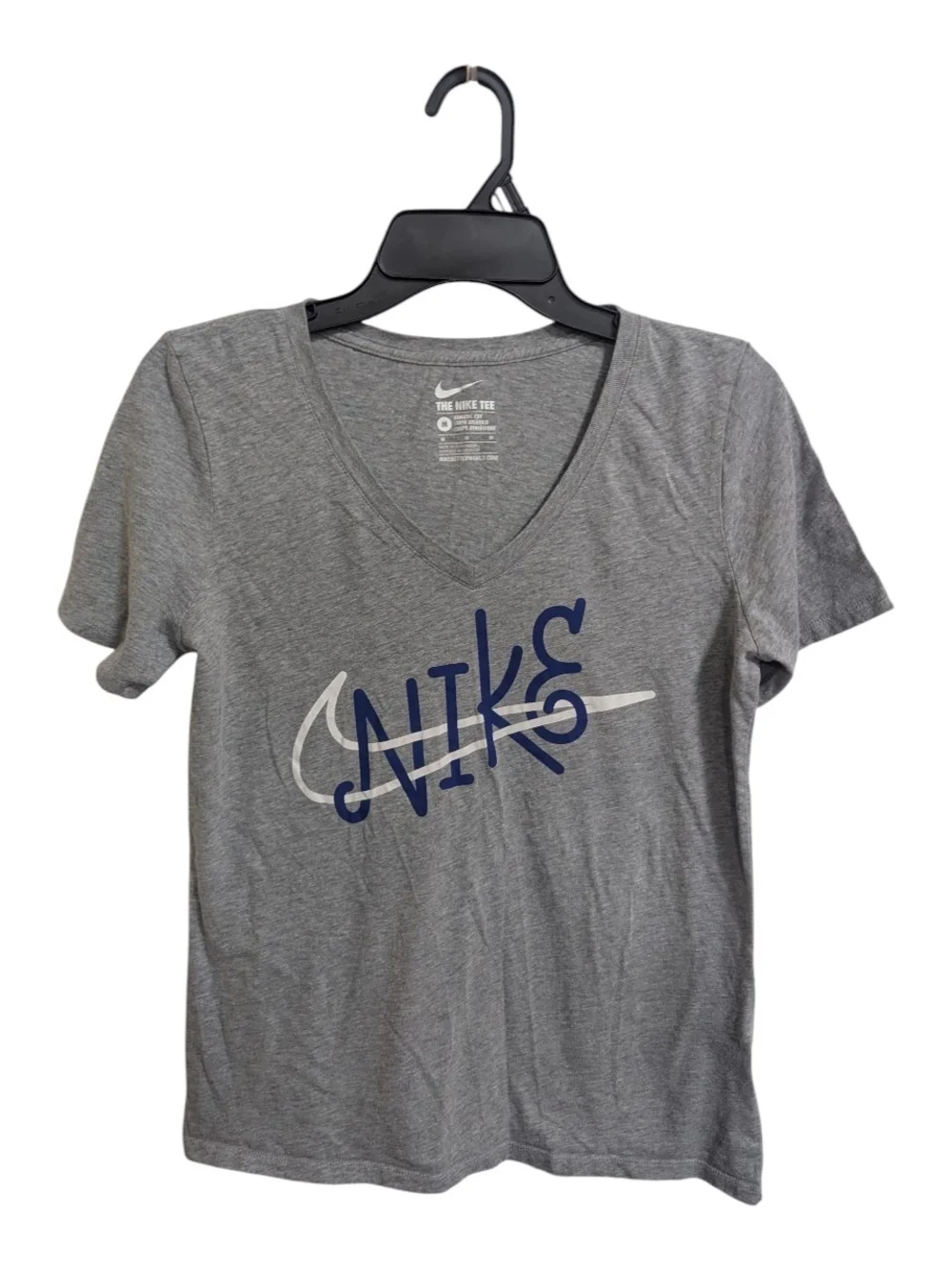 Nike Women's V-Neck Tee Shirt Sz Medium Gray Navy White Logo Short Sleeve